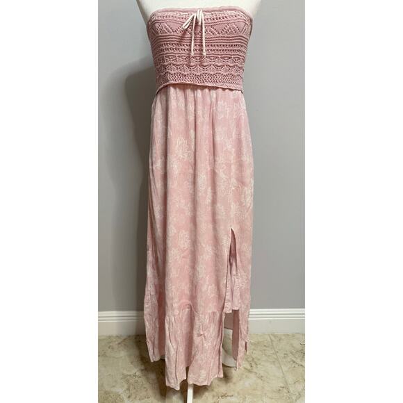 Hollister Strapless Crochet pink maxi dress slit lined Large boho beachy y2k - Picture 3 of 8